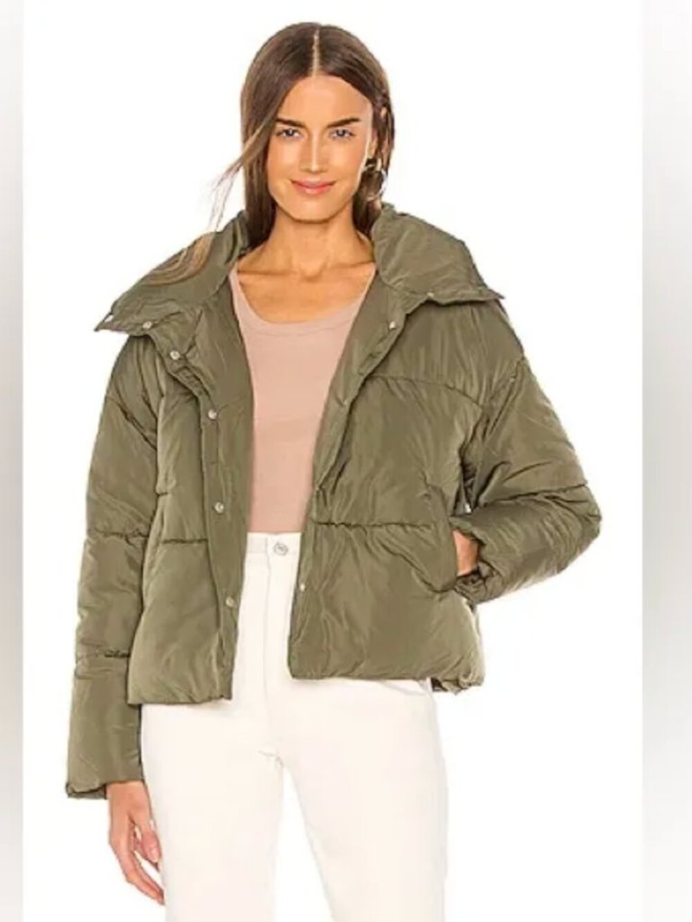 Free People Olive Green Cropped Weekend Puffer Jacket